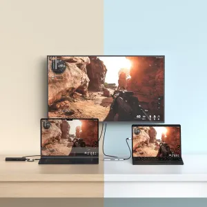 Satechi USB-C -moniporttisovitin liitettynä kannettaviin tietokoneisiin ja näyttöön työpisteen liitettävyyden laajentamiseksi