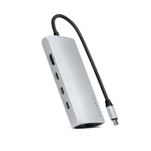 Satechi USB-C-moniporttisovitin HDMI-liitännällä ja punotulla kaapelilla, hopeanvärinen alumiinihubi tietokoneliitäntöihin