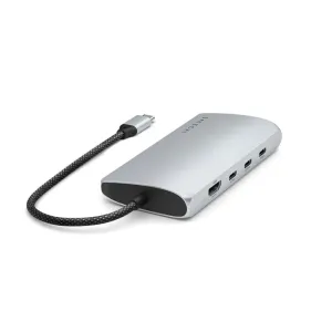 Satechi USB-C Multiport Adapter hopeanvärisenä, HDMI-, USB-C- ja USB-A-porteilla sekä kiinteällä punotulla kaapelilla