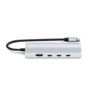Satechi USB-C-moniporttisovitin HDMI- ja USB-C-porteilla, hopeanvärinen alumiinikeskitin punotulla kaapelilla