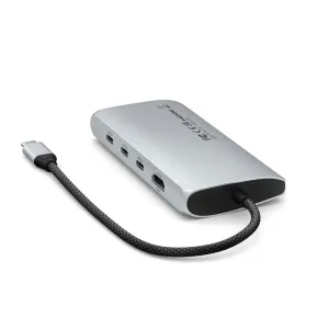 Satechi USB-C-moniporttisovitin Ethernet-liitännällä, hopeanvärisellä alumiinirungolla, punotulla kaapelilla ja USB-C-porteilla