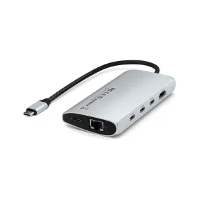 Satechi USB-C-moniporttisovitin Ethernet-liitännällä, hopeanvärisellä alumiinimuotoilulla ja punotulla USB-C-kaapelilla