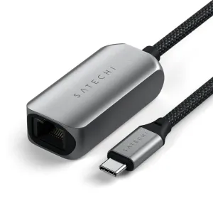 Satechi USB-C 2,5 gigabitin Ethernet-sovitin hopeanvärisenä, punotulla kaapelilla ja Ethernet-portilla