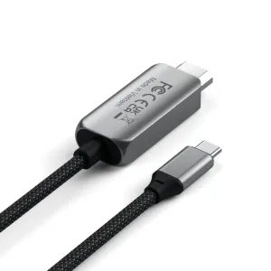 Cable Satechi de USB-C a HDMI 2.1 8K con carcasas metálicas plateadas y cable trenzado negro