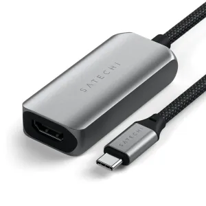 Satechi USB-C–HDMI 2.1 -sovitin, jossa on hopeinen alumiinikotelo, punottu kaapeli ja HDMI-liitin