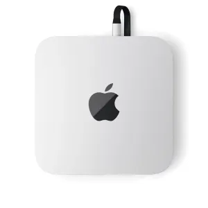 Satechi-teline ja -hubi Mac Mini-/Studio-laitteille, hopeanvärinen, Apple-logolla ja yläpuolen kaapeliliittimellä