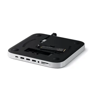 Satechi Stand &amp; Hub Mac Mini/Studio -laitteille, NVMe-SSD-kotelolla, etuliitännöillä ja asennetulla SSD:llä, hopea ja musta