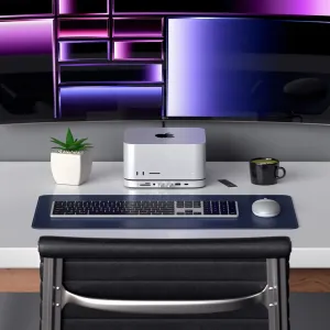 Satechi-teline ja -hubi Mac minille, hopeanvärinen desktop-jalusta etuliitännöillä siistissä työpisteessä