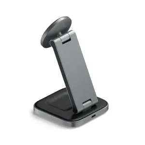 Satechi soporte de carga inalámbrica plegable Qi2 en gris espacial y negro con base articulada