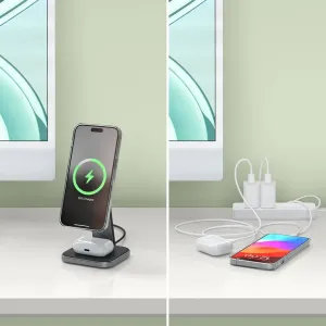 Soporte de carga inalámbrica Qi2 plegable 2 en 1 de Satechi con iPhone en vertical y estuche de AirPods en la base
