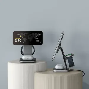 Satechi 3-in-1 foldable Qi2 charging stand shown holding a phone, earbuds case and Apple Watch