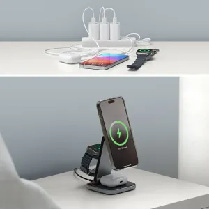 Satechi 3-in-1 foldable Qi2 charging stand with iPhone, Apple Watch and AirPods on a desk