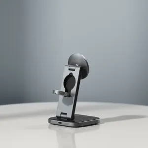 Satechi 3-in-1 foldable Qi2 charging stand in space grey, with circular pad and adjustable phone mount
