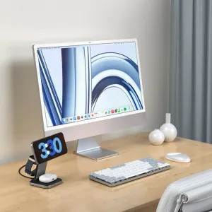 Satechi foldable Qi2 charging stand with smartphone and earbuds case on a desk