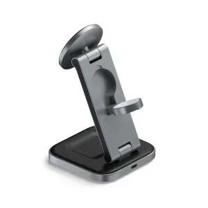 Satechi 3-in-1 foldable Qi2 charging stand in space grey with hinged base and dual charging pads