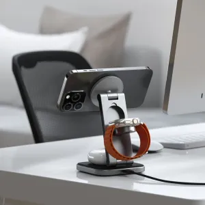 Satechi 3-in-1 foldable Qi2 charging stand holding an iPhone, Apple Watch and AirPods case on a desk