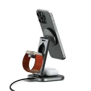 Satechi 3-in-1 foldable Qi2 charging stand with iPhone, Apple Watch and AirPods charging setup
