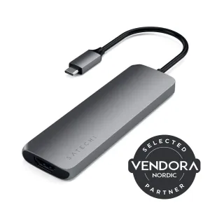 Satechi alumiininen USB-C-moniporttisovitin tähtiharmaana, kiinteällä kaapelilla valkoisella taustalla