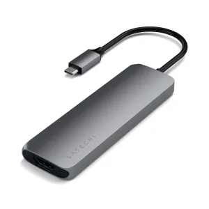 Alumiininen Satechi USB-C Multiport Pro Adapter kiinteällä kaapelilla, kuvassa tähtiharmaana