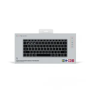 Satechi Slim X1 Bluetooth-bakgrundsbelyst tangentbord i detaljhandelsförpackning med bild på kompakt tangentbord och nordisk layout för Mac