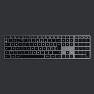 Satechi X3 trådlöst tangentbord med nordisk layout, fullstora tangenter och numeriskt tangentbord i rymdgrått.