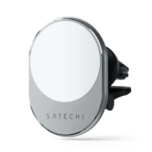 Satechi magnetisk trådløs biloplader i spacegrå med SATECHI-logo og monteringsclips på bagsiden