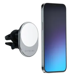 Satechi magnetisk trådløs biloplader med ventilationsmontering ved siden af en smartphone på en hvid baggrund