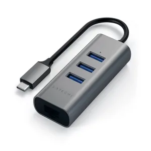 Satechi USB-C-alumiinikeskitin kolmella USB-A-portilla ja Ethernetillä, tähtiharmaa, kannettaville tietokoneille