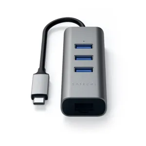Satechi USB-C-alumiinikeskitin, jossa on kolme USB-A-porttia, Ethernet-portti ja kiinteä USB-C-kaapeli