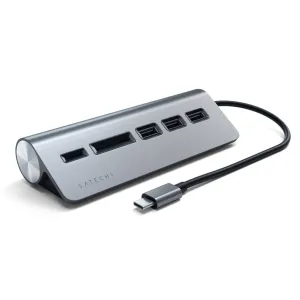 Satechi USB-C -alumiininen USB-keskitin ja kortinlukija harjatulla hopeanvärisellä viimeistelyllä, useilla porteilla ja USB-C-kaapelilla