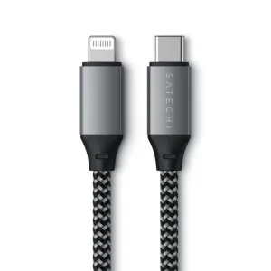 Cable de carga Satechi USB-C a Lightning con diseño trenzado en negro y gris y conectores metálicos