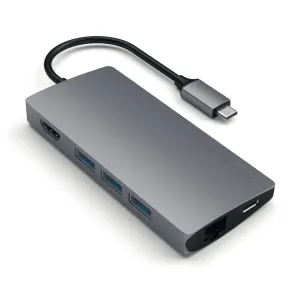 Satechi USB-C-moniporttisovitin tähtiharmaana, kiinteällä kaapelilla, USB-A-, Ethernet- ja USB-C-porteilla