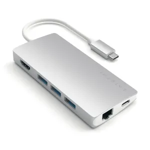 Satechi sidabrinis USB-C kelių jungčių adapteris su pritvirtintu laidu, Ethernet prievadu ir trimis USB-A prievadais