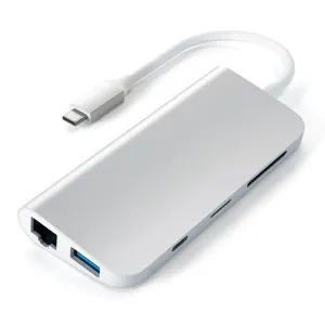 Satechi USB-C-multimediasovitin hopeanvärisenä, Ethernet, USB-A ja kiinteä USB-C-kaapeli