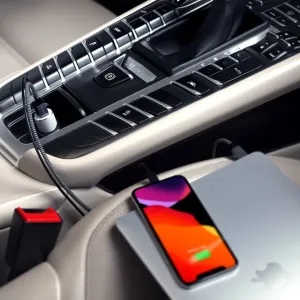 Satechi-biloplader med USB-C-kabel, der oplader en smartphone i bilens midterkonsol