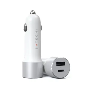 Satechi-biloplader med USB-C- og USB-A-porte, vist i sølv med mærket cylindrisk design