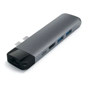 Satechi USB-C Pro Hub tähtiharmaana, Ethernet-, USB-A-, USB-C- ja HDMI-porteilla MacBook Prolle