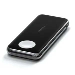 Satechi Quatro langaton varavirtalähde mustana hopeanvärisellä reunuksella ja sisäänrakennetulla Apple Watch -laturilla