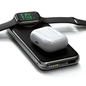 Musta Satechi Quatro -langaton varavirtalähde Apple Watchille ja langattomien nappikuulokkeiden latauskotelolle