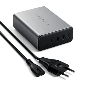Satechi 165 W GaN PD-lader med fire USB-C-porter, stellargrått skrivebordsdesign og avtakbar strømkabel.