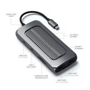 Satechi USB-C Multiport MX Adapter kahdella HDMI-liitännällä, Ethernetillä, kortinlukijalla ja USB-C PD -latauksella