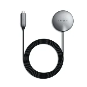 Cable de carga inalámbrica magnético Satechi con disco de carga plateado y conector USB-C, negro sobre blanco
