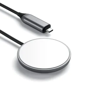 cable de carga inalámbrica magnético Satechi USB-C con disco de carga redondo y conector USB-C plateado