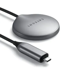 cable de carga inalámbrica magnética USB-C Satechi con disco de carga gris y conector USB-C
