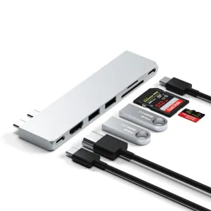 Satechi USB-C Pro Hub Slim sidabrinės spalvos su USB-C, kortelių lizdais ir keliais prievadais, skirtas MacBook