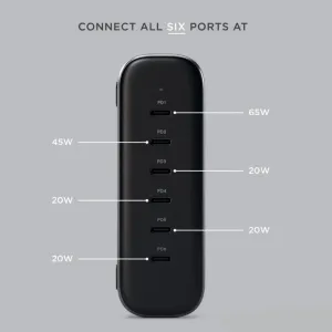 Chargeur GaN Satechi 200 W USB-C à 6 ports avec six ports USB-C PD étiquetés et indications de puissance