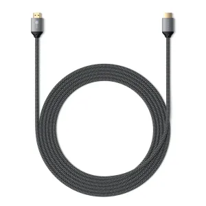 Satechi 8K HDMI 2.1-kabel, 2 m flätad svart med guldfärgade kontaktspetsar, visas ihoprullad mot vit bakgrund