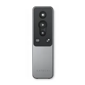 Satechi R1 Bluetooth prezentacijų pultelis, juodos ir sidabrinės spalvos, su skaidrių valdymo mygtukais ir Satechi logotipu