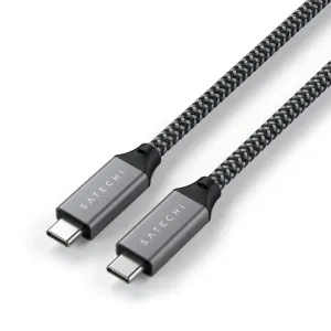 Satechi pintas USB4 USB-C į USB-C kabelis, 80 cm, su sidabrinėmis jungtimis baltame fone.