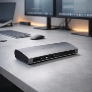 Satechi Thunderbolt 4 Dock hopeisena, etuliitännöillä, SD-korttipaikalla ja ääniliitännällä työpöytäkokoonpanossa